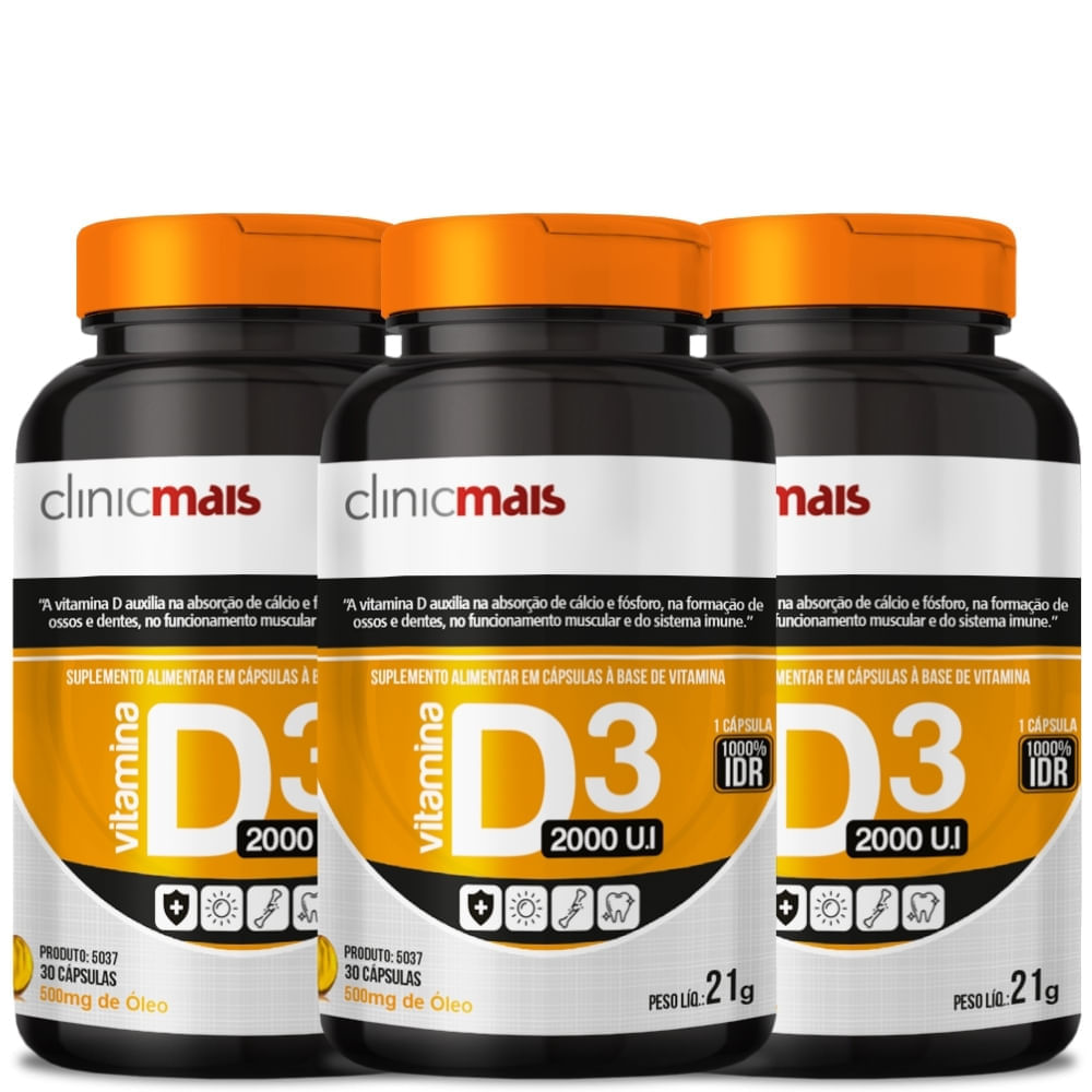 Kit 3 Vitamina D3 (Colecalciferol) ClinicMais 2000 UI 30 Cápsulas
