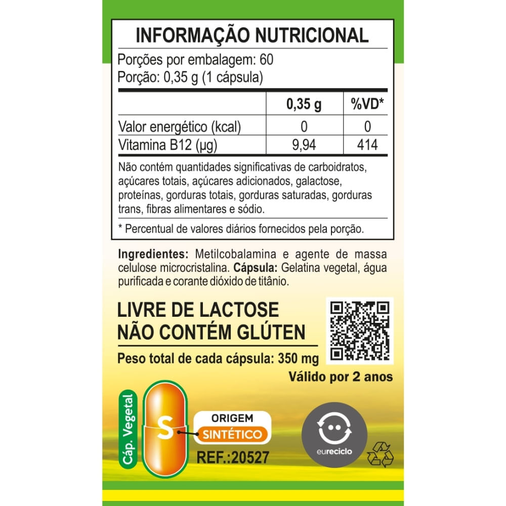 Vitamina B12 (Metilcobalamina) Unilife 350mg 60 Cápsulas