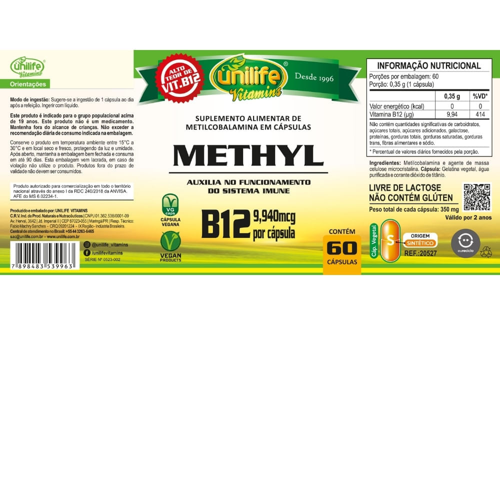 Vitamina B12 (Metilcobalamina) Unilife 350mg 60 Cápsulas