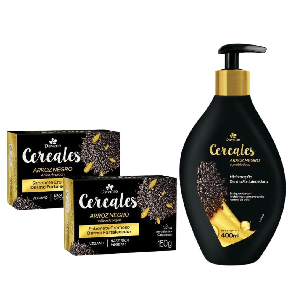 Kit Cereais Arroz Negro Davene Hidratante Corporal 400ml + 2 Sabonetes 150g