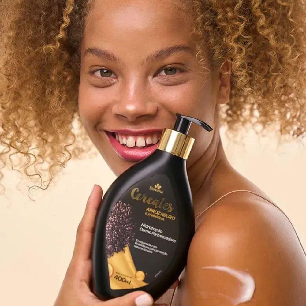 Kit Cereais Arroz Negro Davene Hidratante Corporal 400ml + 2 Sabonetes 150g