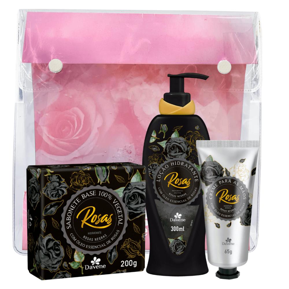 Kit Rosas Negras Davene Sabonete Barra 200g + Hidratante 300ml + Creme de mãos 65g + Necessarie