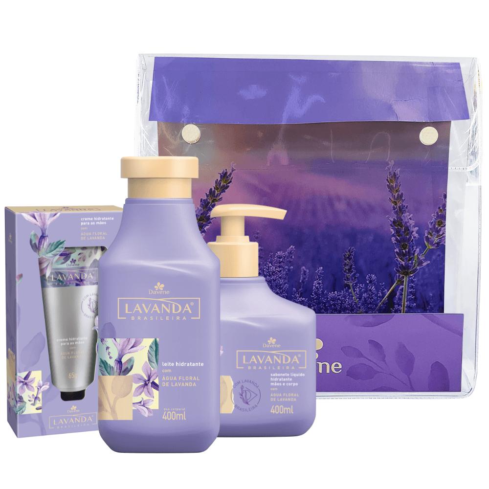 Kit Sabonete Líquido 400ml + Creme para Mãos 65g + Leite Hidratante 400ml + Necessaire Lavanda Brasileira Davene