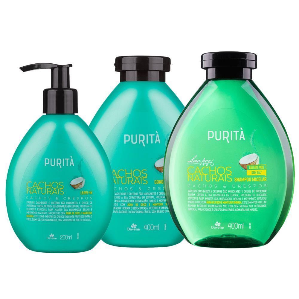 Kit Purità Cachos Naturais Davene Shampoo Micelar 400ml + Condicionador 400ml + Leave-in 200ml