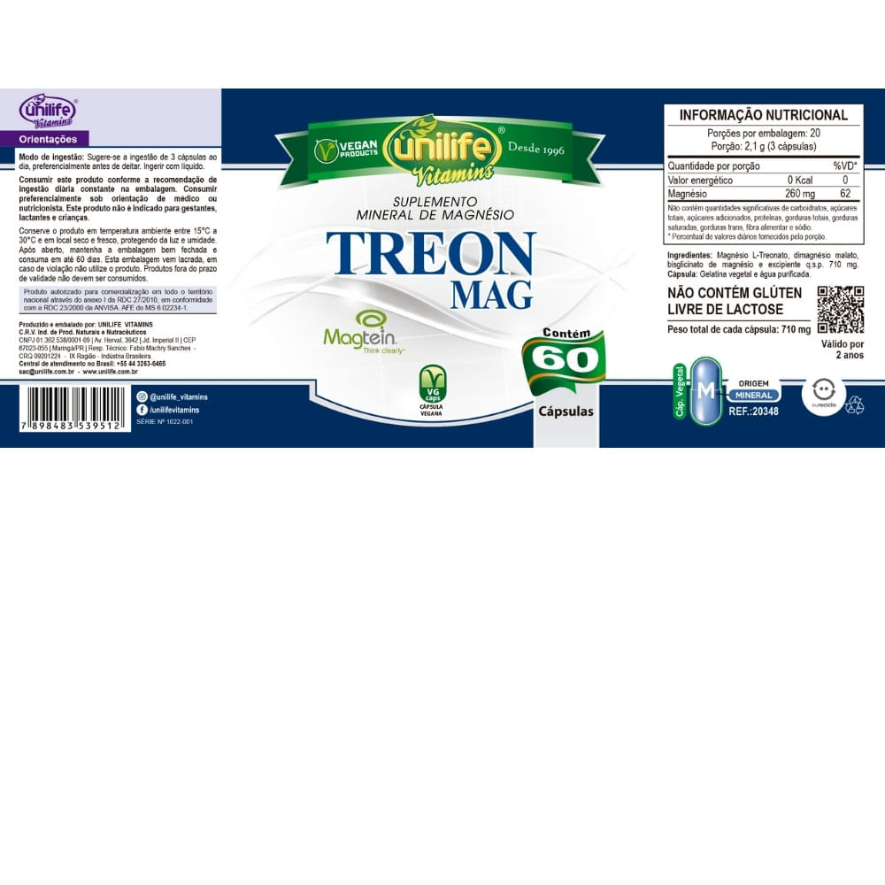 Magnésio Treonato TreonMag Unilife 710mg 60 Cápsulas
