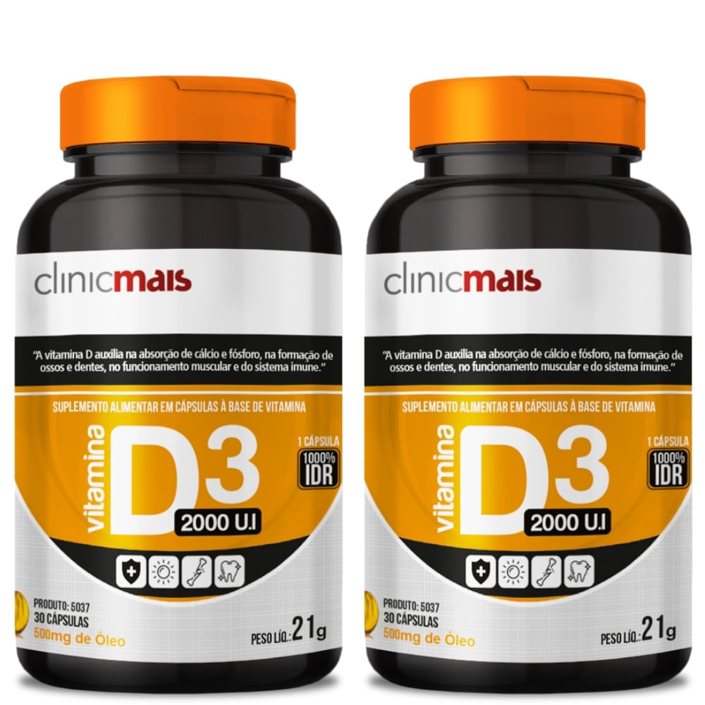 Kit 2 Vitamina D3 (Colecalciferol) ClinicMais 2000 UI 30 Cápsulas