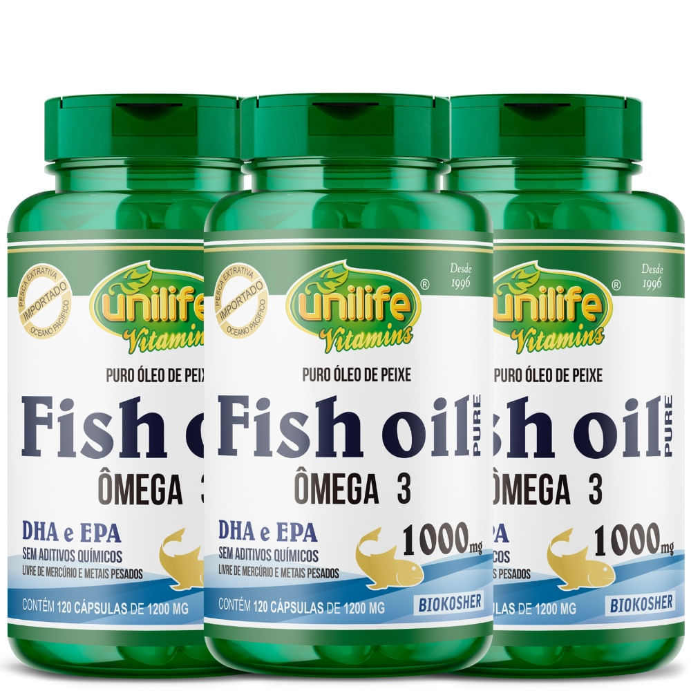Kit 3 Ômega 3 Fish Oil Unilife 1000mg 120 Cápsulas