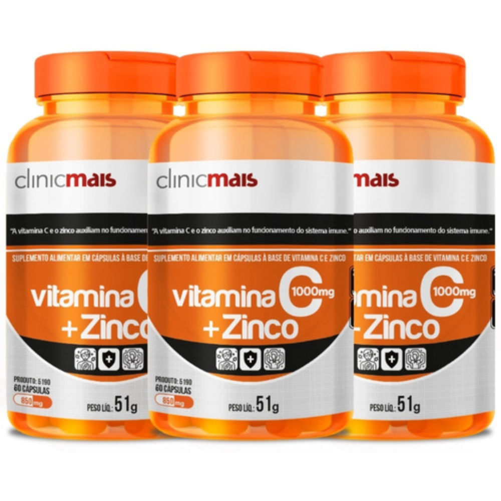 Kit 3 Vitamina C com Zinco ClinicMais 850mg 60 Cápsulas