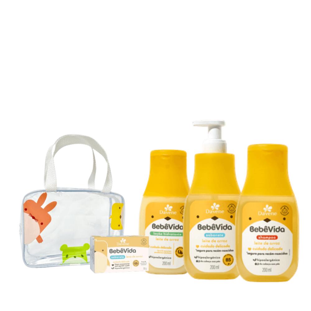 Kit Shampoo 200ml + Sabonete Líquido 200ml + Hidratante 200ml + Sabonete em Barra 90g + Necessaire Bebê Vida Leite de Arroz Davene
