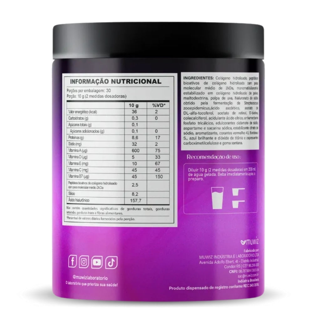 Colágeno Verisol com Ácido Hialurônico Muwiz Sabor Uva 300g