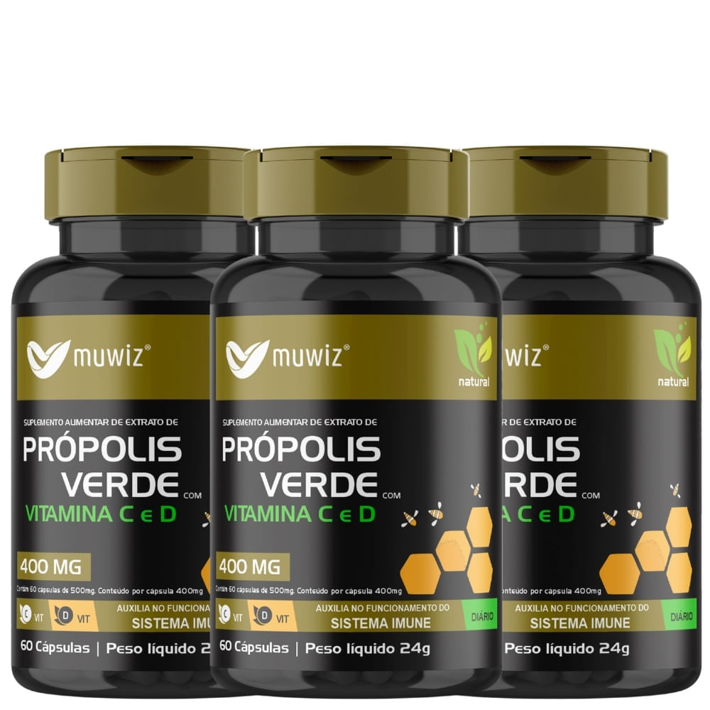 Kit 3 Própolis Verde Com Vitaminas Muwiz 400mg 60 Cápsulas