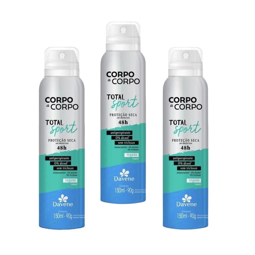 Desodorante Antiperspirante Aerossol Corpo a Corpo Total Sport Davene 150ml 3 Unidades