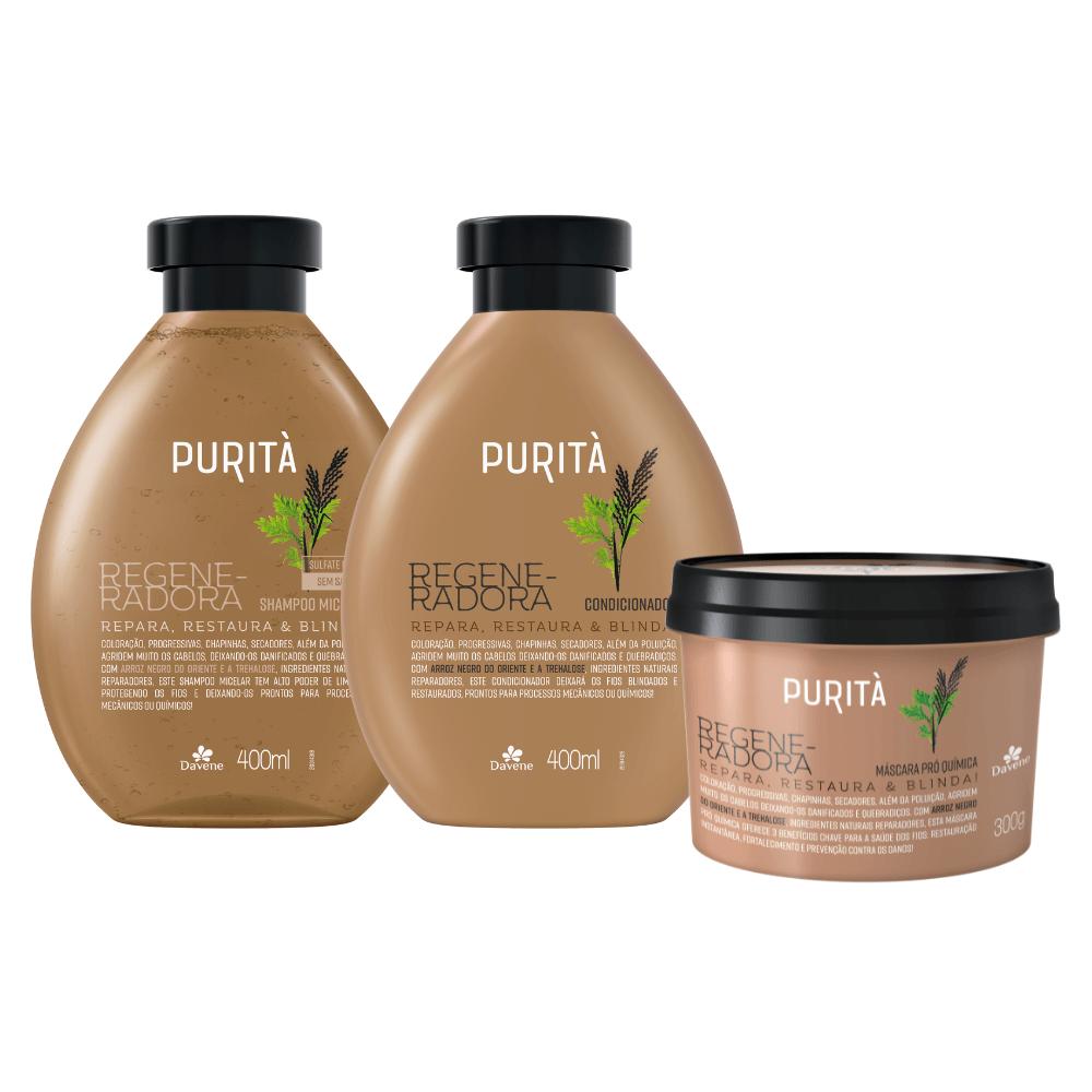 Kit Purità Regenerador Davene Shampoo Micelar 400ml + Condicionador 400ml + Máscara Pró-Química 300g