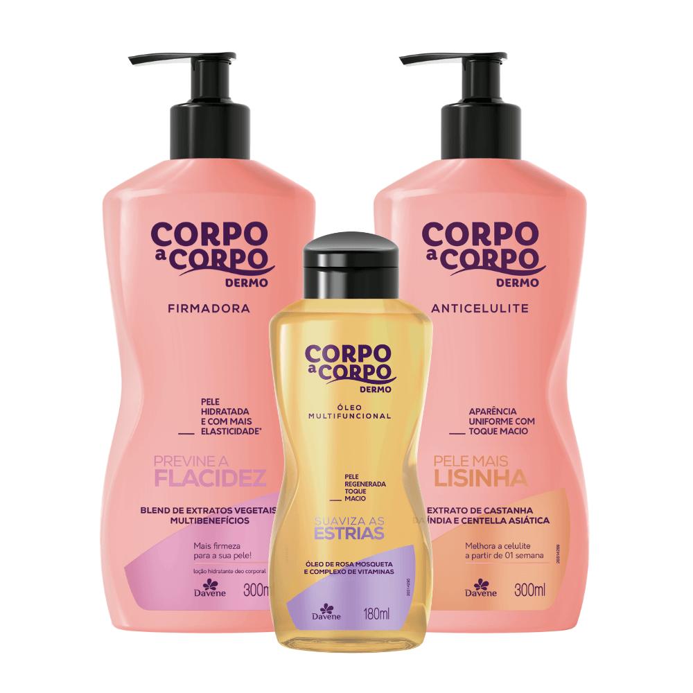 Kit Corpo A Corpo Dermo Davene Firmador 300ml + Anticelulite 300ml + Óleo Multifuncional 180ml