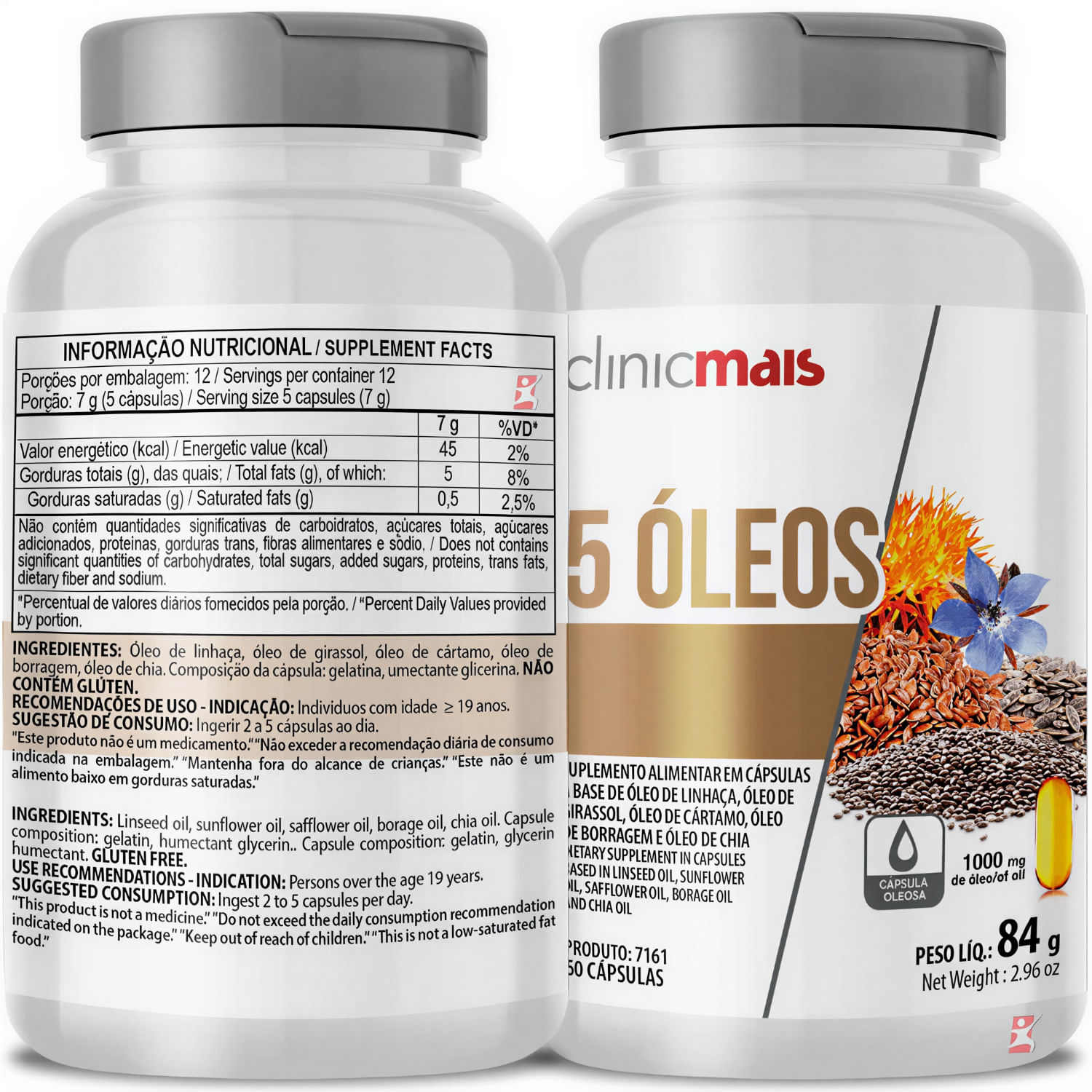 5 Óleos Linhaça, Girassol, Cártamo, Borragem E Chia Clinicmais 60 Cápsulas