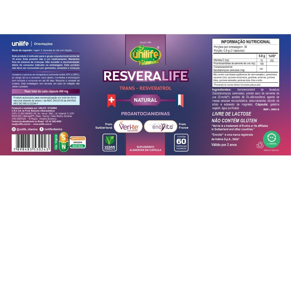 Resveralife Trans-Resveratrol Unilife 400mg 60 Cápsulas