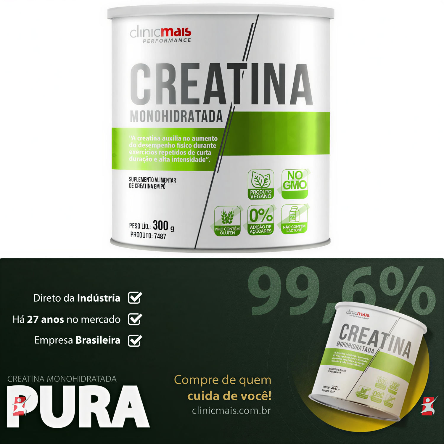 Creatina Vegana 100% Monohidratada Clinicmais Sem Sabor 300g