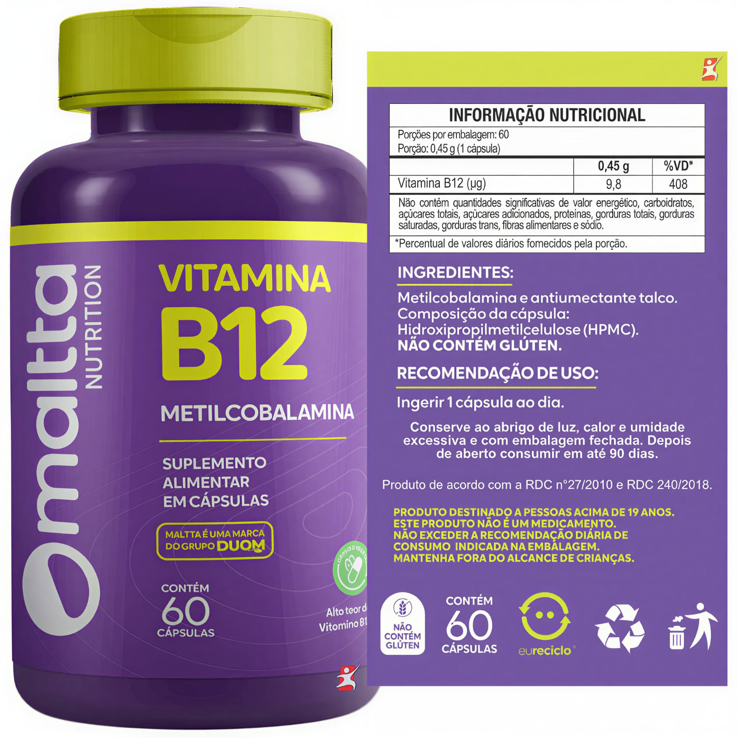 Kit 2 Vitamina B12 Metilcobalamina Concentrada Maltta Nutrition 60 Cápsulas Veganas
