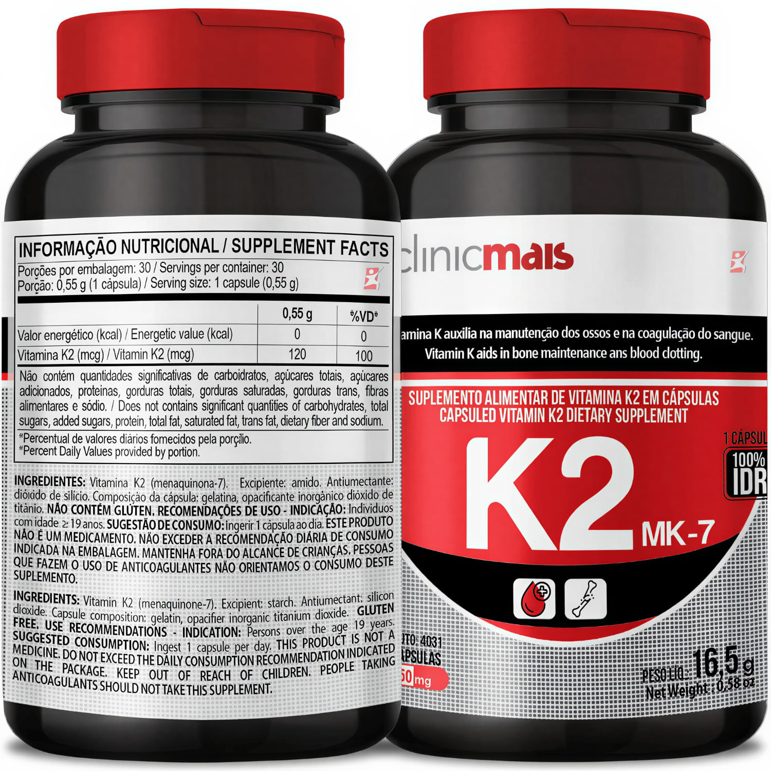 Kit 2 Vitamina K2 Concentrada Menaquinona-7 Mk-7 Clinicmais 120mcg 30 Cápsulas