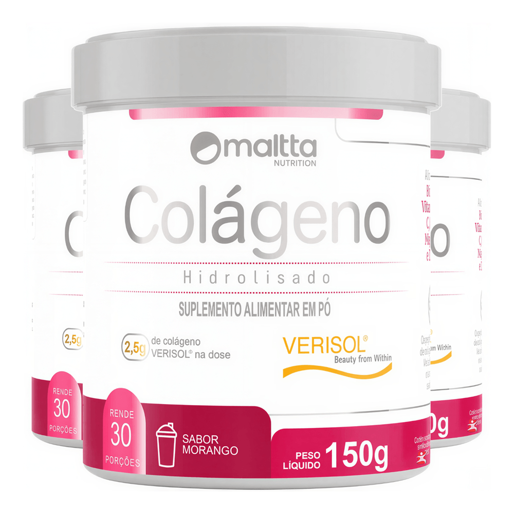 Kit 3 Colágeno Verisol Maltta Nutrition Morango 150g