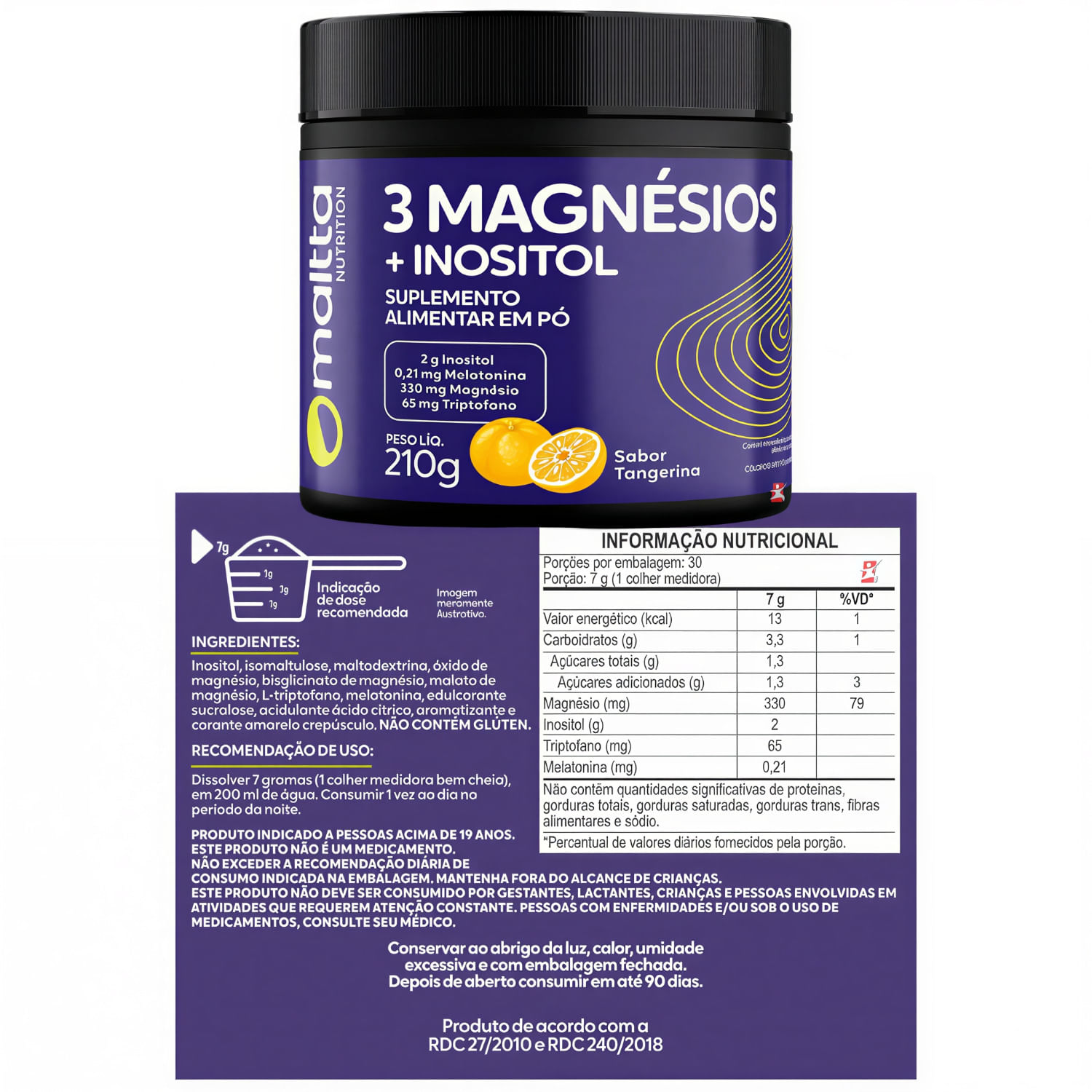 3 Magnésios + Inositol Maltta Nutrition Tangerina 210g