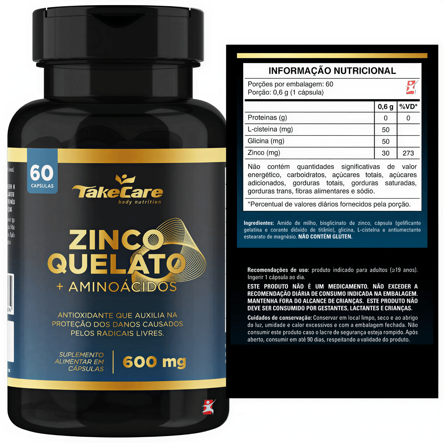 Zinco Quelato Com Aminoacidos L-cisteína + Glicina Take Care 60 Cápsulas