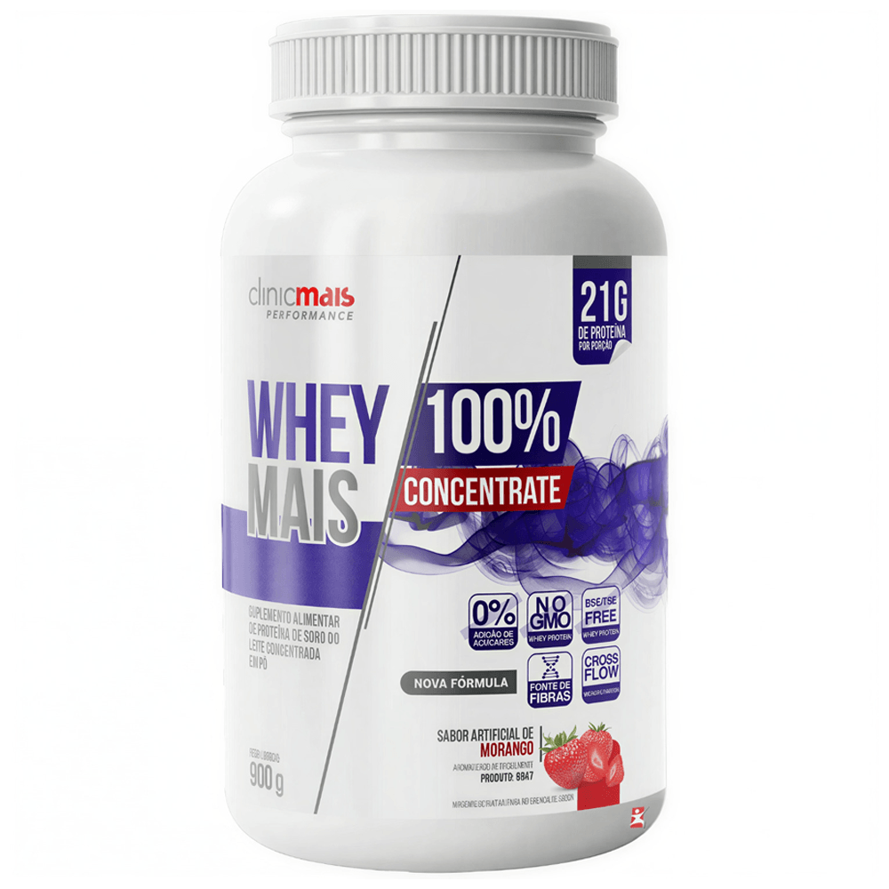 Whey Mais 100% Concentrate Clinicmais Morango 900g