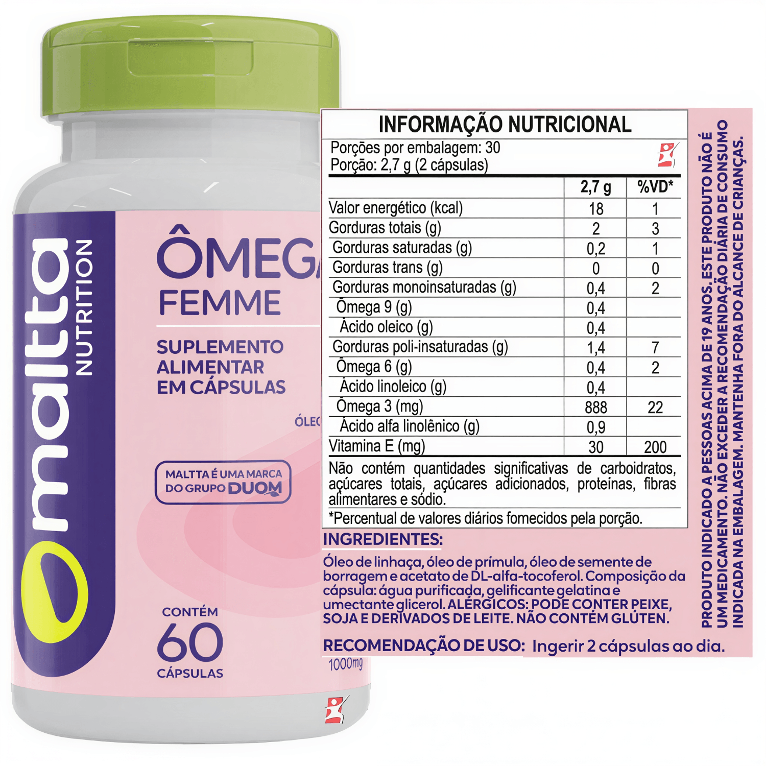 Ômega Femme Prímula + Borragem + Linhaça + Vitamina E Maltta Nutrition 60 Cápsulas