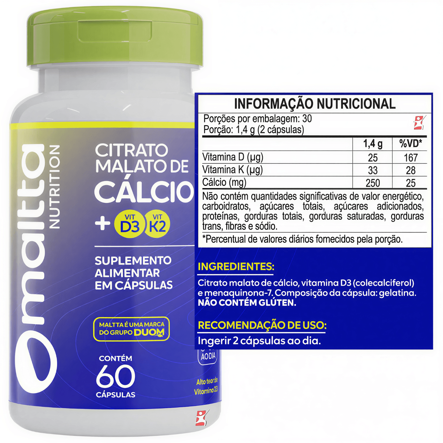 Citrato Malato De Cálcio Com Vitaminas D3 + K2 Mallta Nutrition 60 Cápsulas