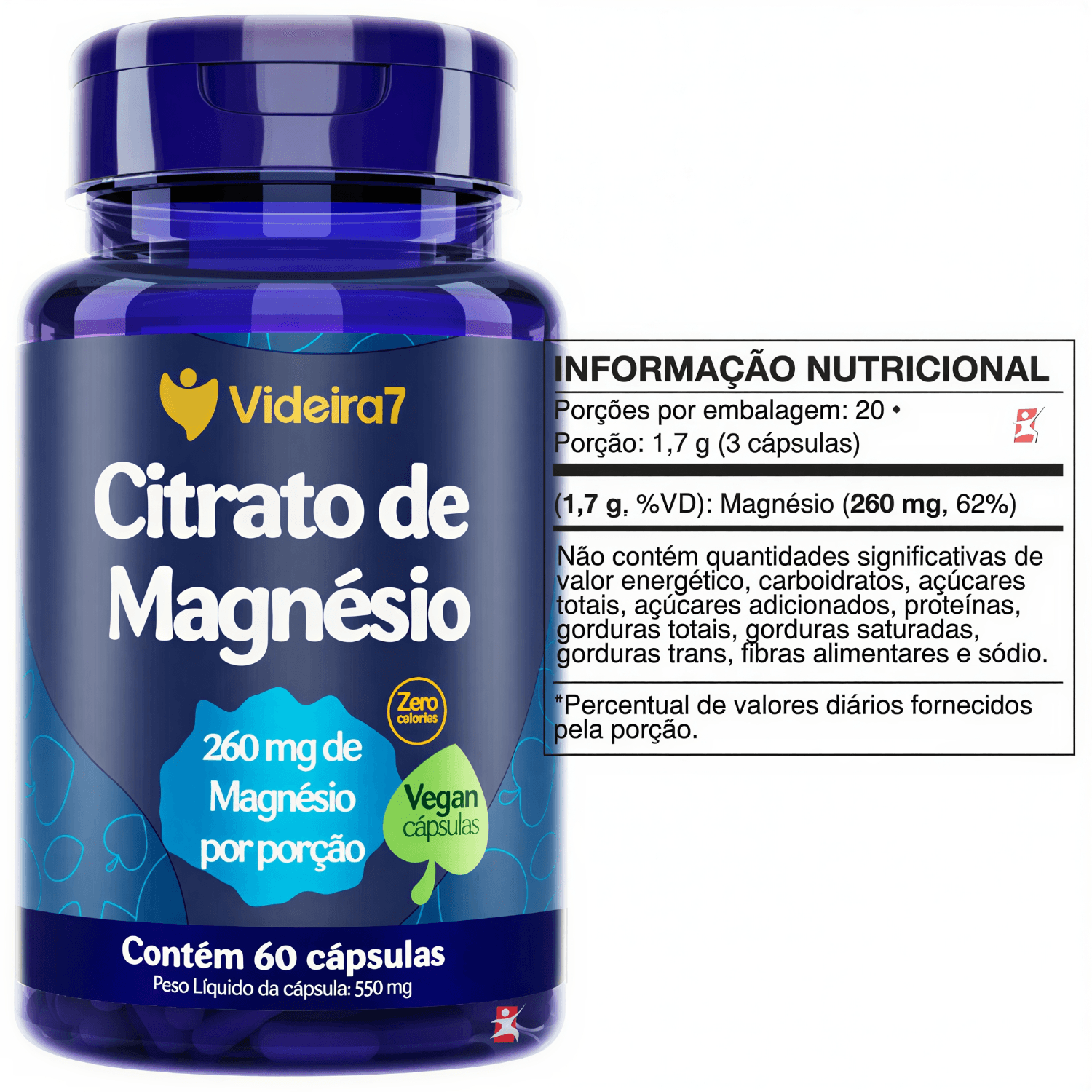 Citrato De Magnésio Videira7 60 Cápsulas Veganas