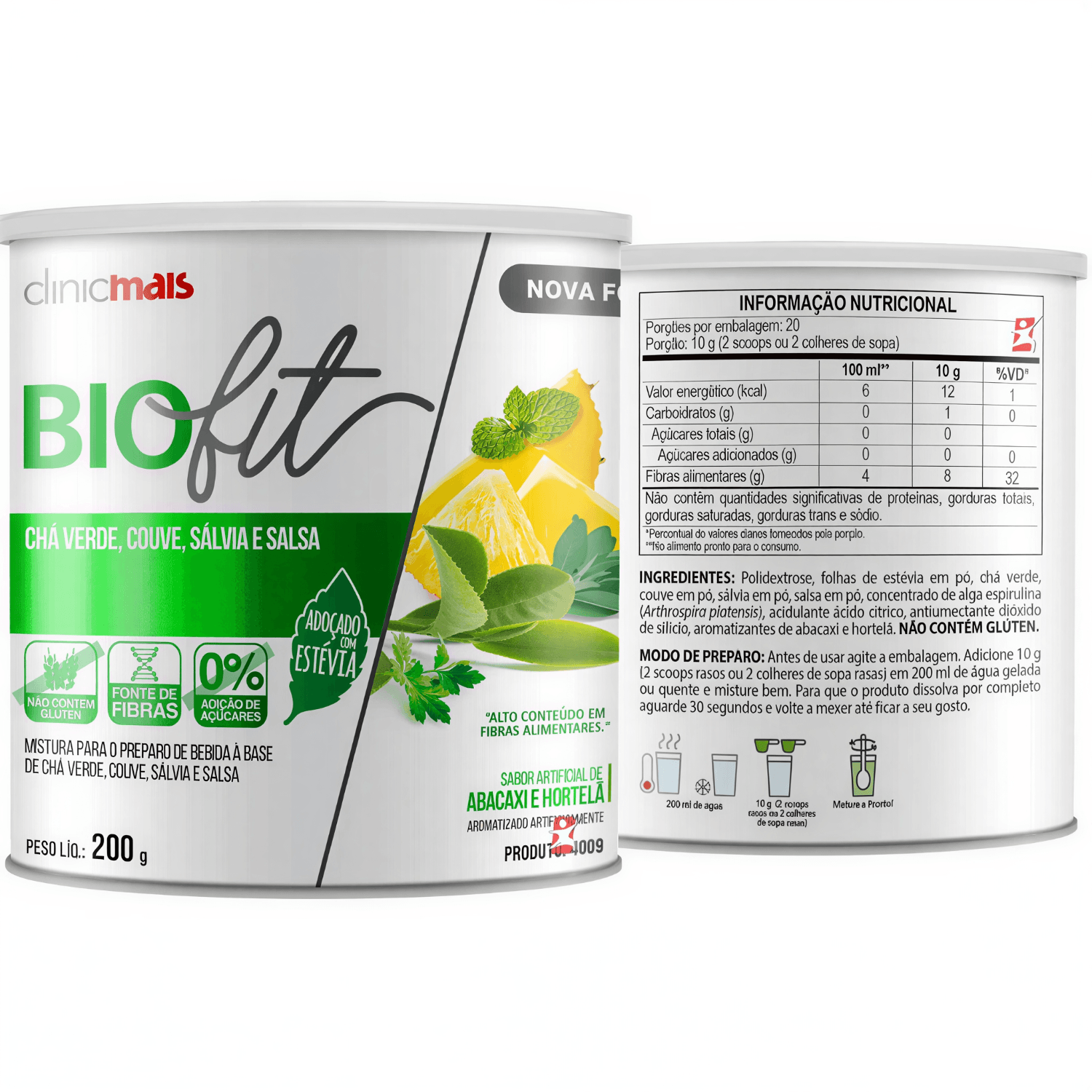 Biofit Solúvel Chá Verde + Couve + Sálvia + Salsa Clinicmais Abacaxi Com Hortelã 200g