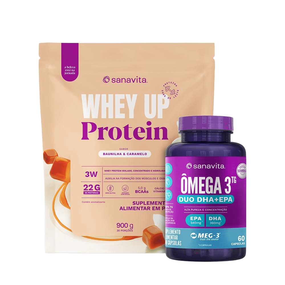 Kit Sanavita Whey Up Protein Baunilha E Caramelo 900g + Ômega 3 Duo 60 Cápsulas