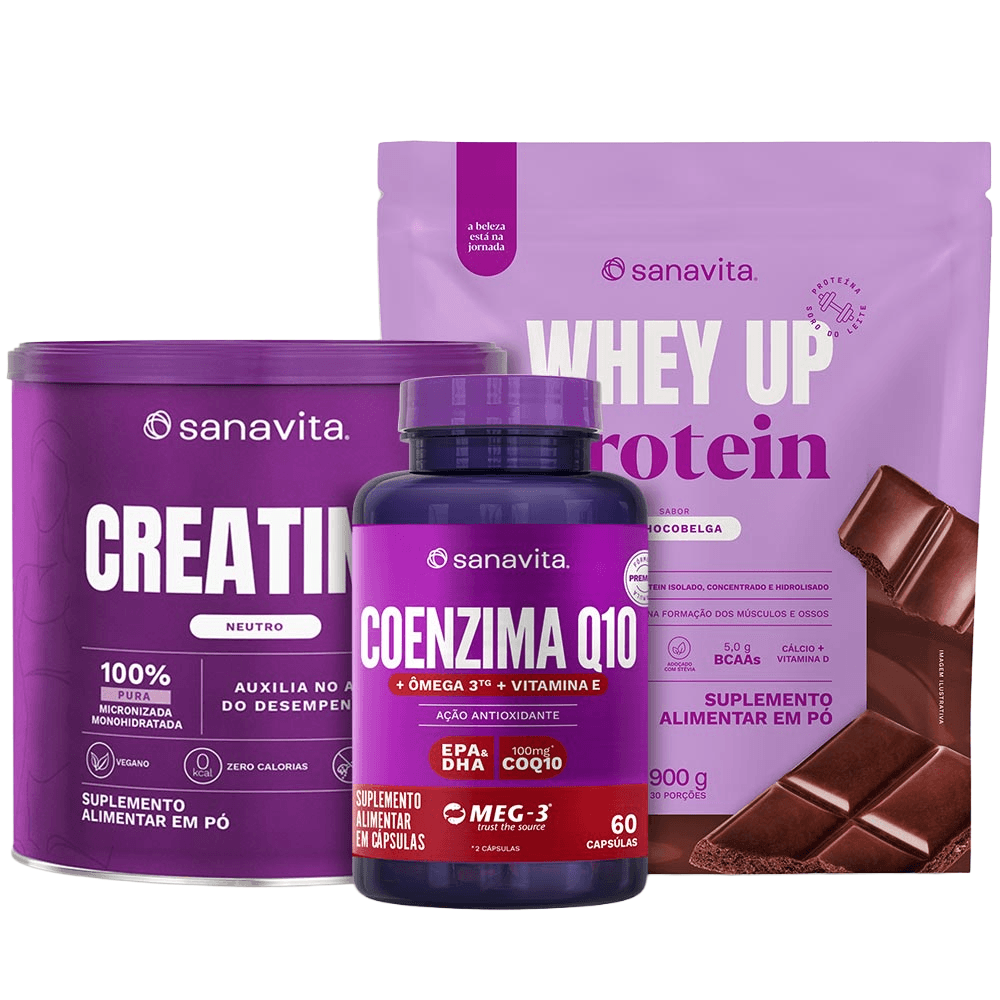 Kit Sanavita Whey UP Protein Chocobelga 900g + Creatina Neutro 300g + Coenzima Q10 60 Cápsulas