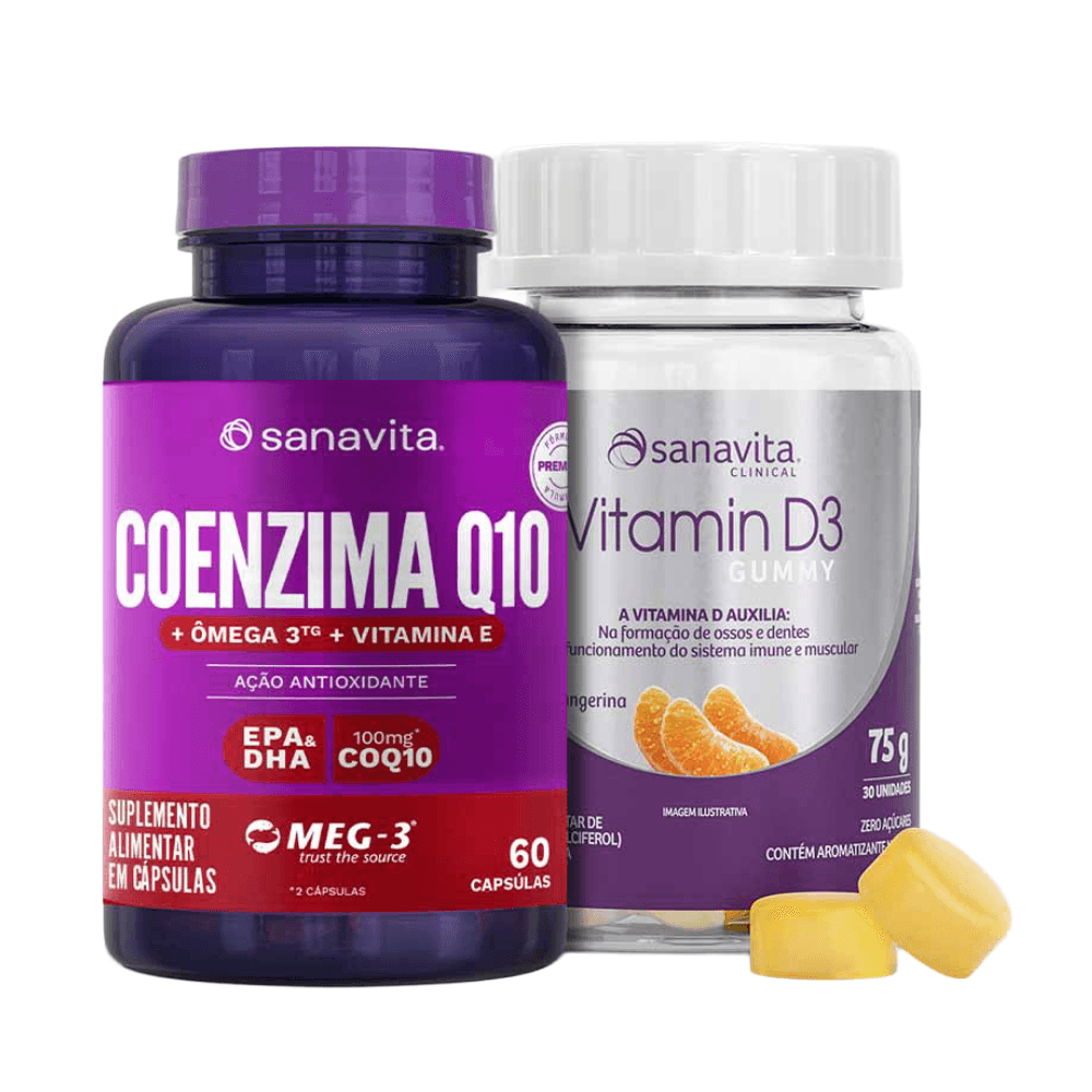 Kit Sanavita Vitamina D3 Gummy Tangerina 30 Unidades + Coenzima Q10 Sem Sabor 60 Cápsulas