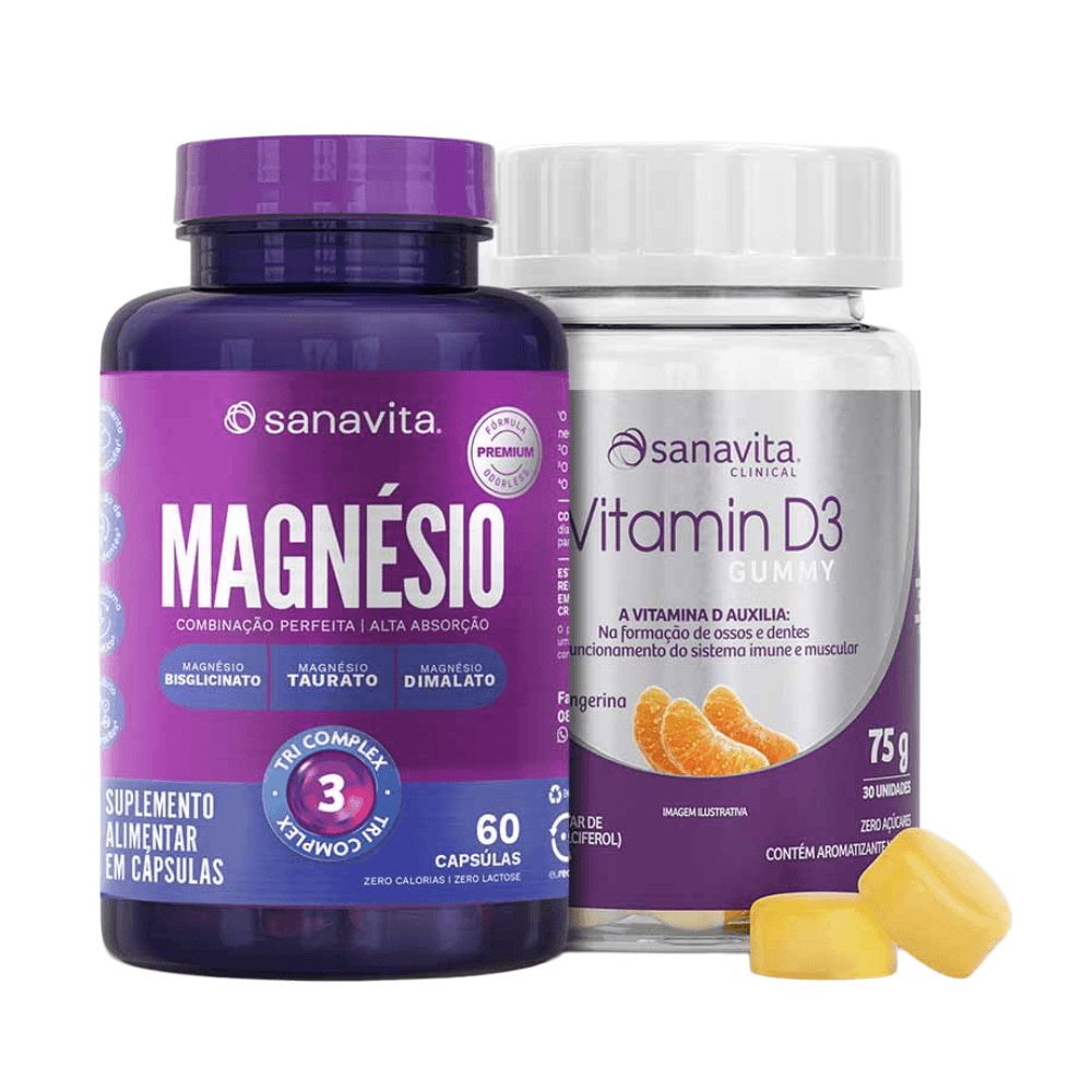 Kit Sanavita Magnésio Tri Complex 60 Cápsulas  + Vitamin D3 Gummy 30 Unidades