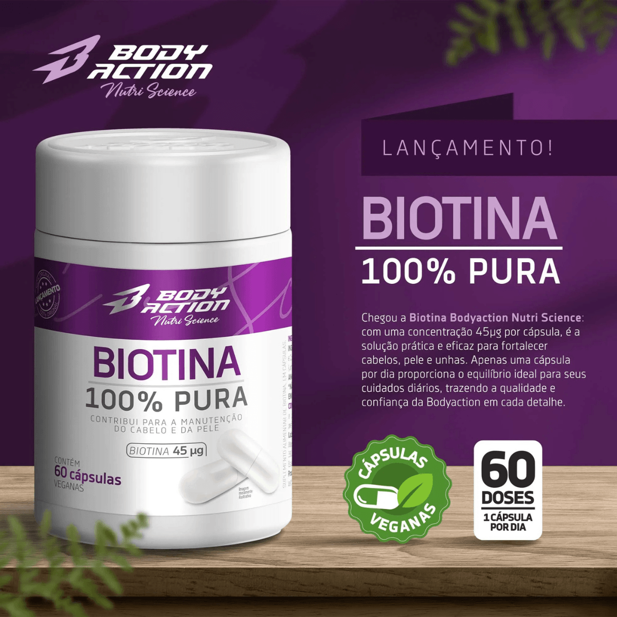 Suplemento Biotina 100% Pura Para Cabelos e Unhas Bodyaction 60 Cápsulas