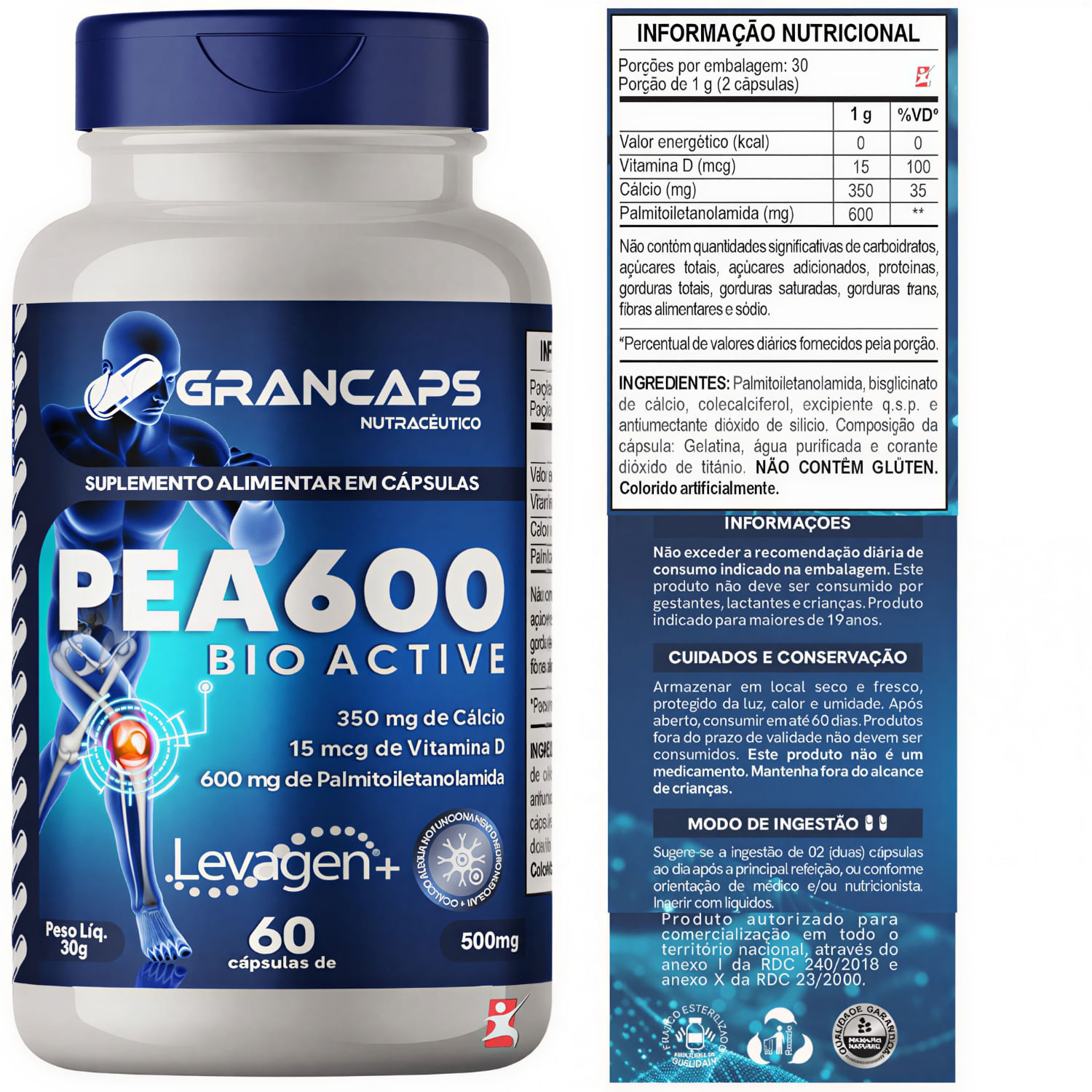 PEA 600 Bio Active Analgésico Grancaps 500mg 60 cápsulas