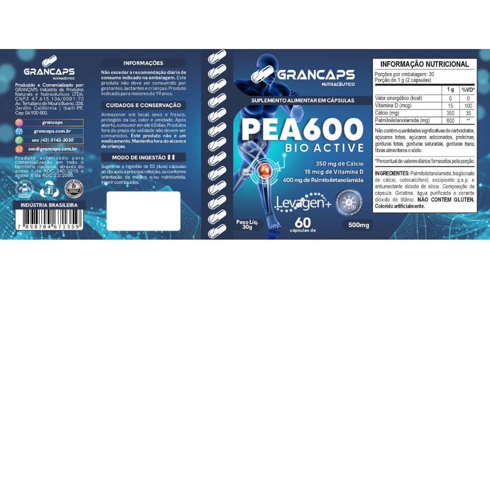 PEA 600 Bio Active Analgésico Grancaps 500mg 60 cápsulas