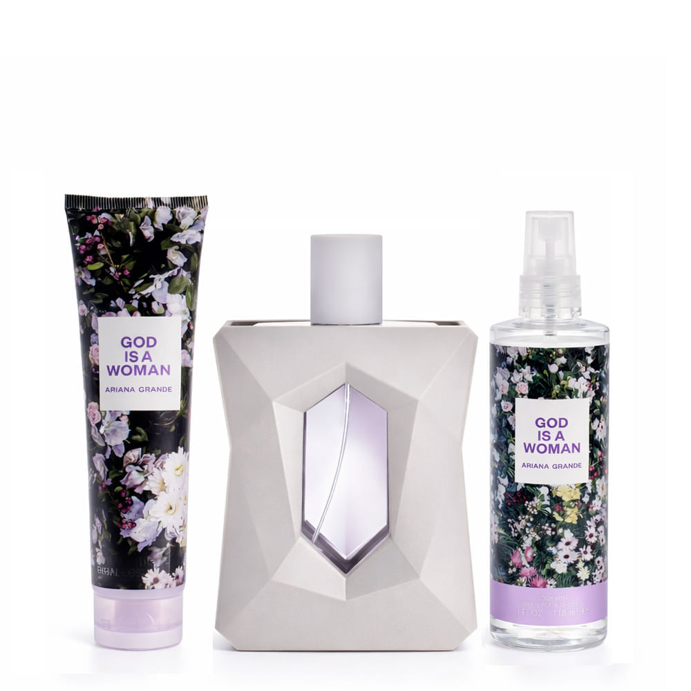 Kit God Is A Woman Ariana Grande Perfume Feminino Eau de Parfum 100ml + Body Soufflé 100ml + Body Mist 118ml