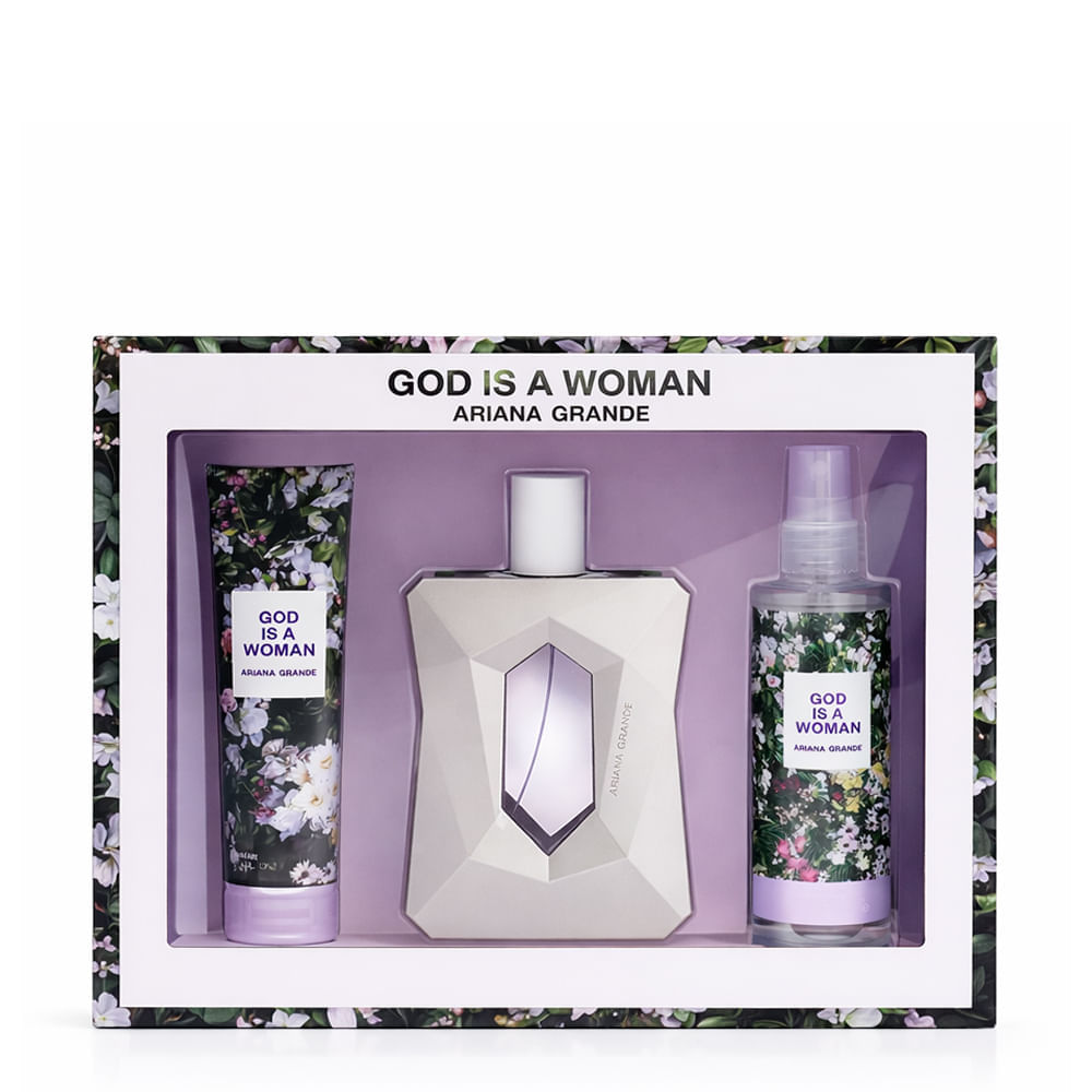 Kit God Is A Woman Ariana Grande Perfume Feminino Eau de Parfum 100ml + Body Soufflé 100ml + Body Mist 118ml