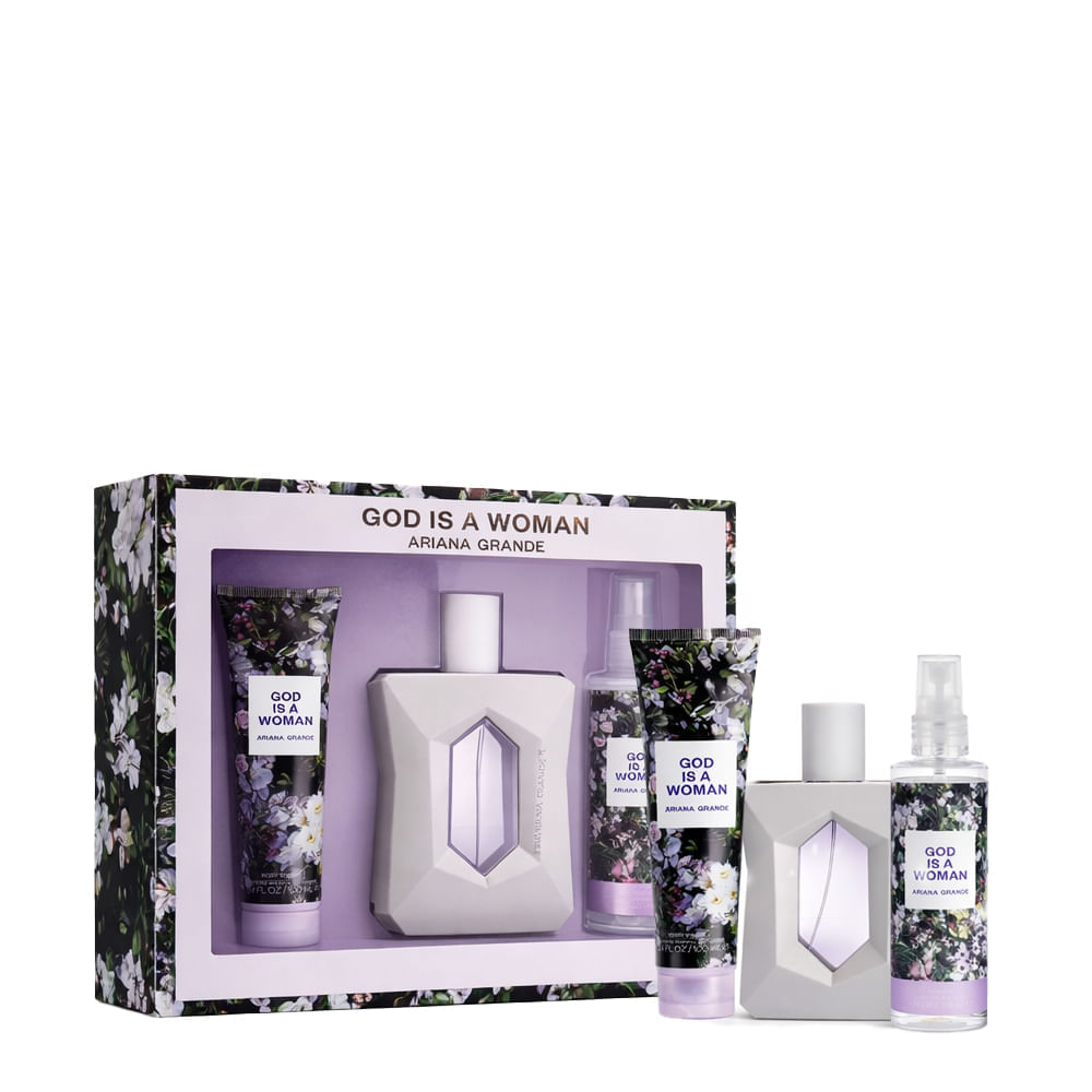 Kit God Is A Woman Ariana Grande Perfume Feminino Eau de Parfum 100ml + Body Soufflé 100ml + Body Mist 118ml