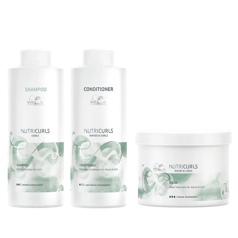 Kit Shampoo 1l + Condicionador 1l + Máscara Nutricurls 500ml Wella Professionals