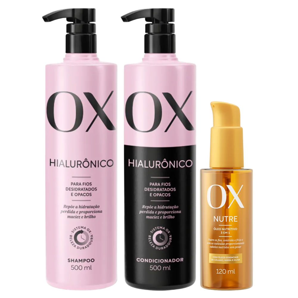 Kit Ox Hialurônico Shampoo 500ml + Condicionador 500ml + Óleo Capilar Nutritivo 120ml