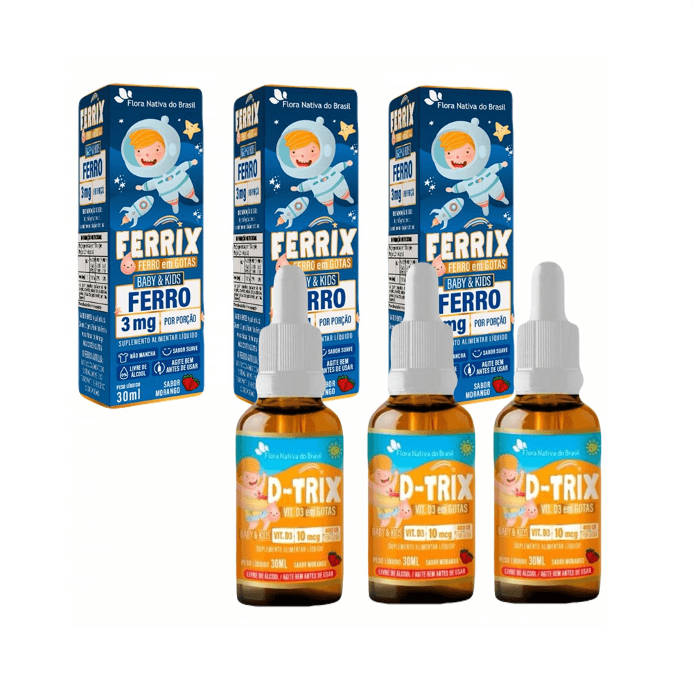 Kit 3 Ferrix Kids Ferro + 3 D-Trix Vitamina D3 10mcg 400UI Flora Nativa