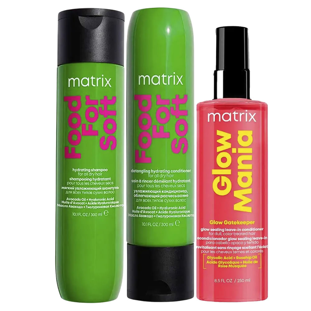 Kit Matrix Shampoo 300ml + Condicionador Food For Soft 300ml +  Leave-in Glow Mania 250ml