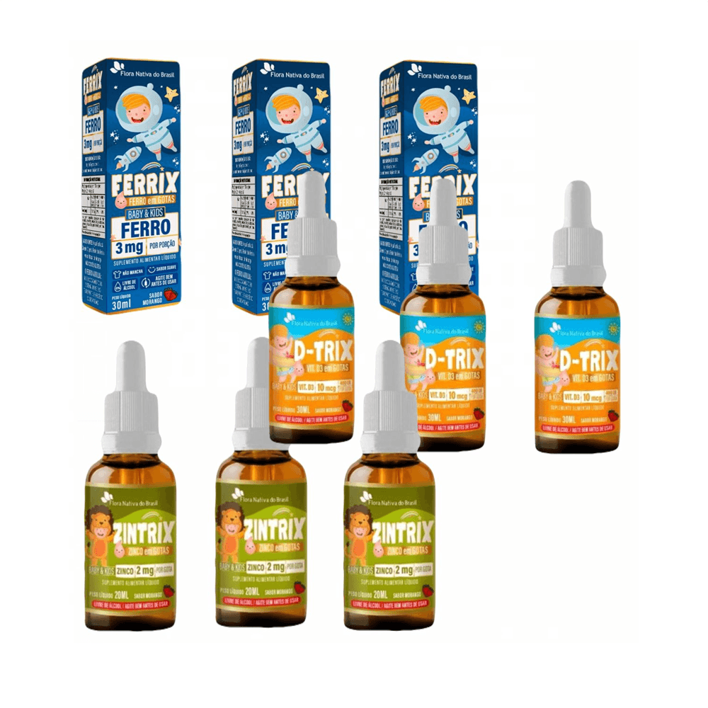 Kit Infantil 3 Ferrix Kids Ferro + 3 D-Trix Vitamina D3 10mcg 400UI + 3 Zintrix Zinco