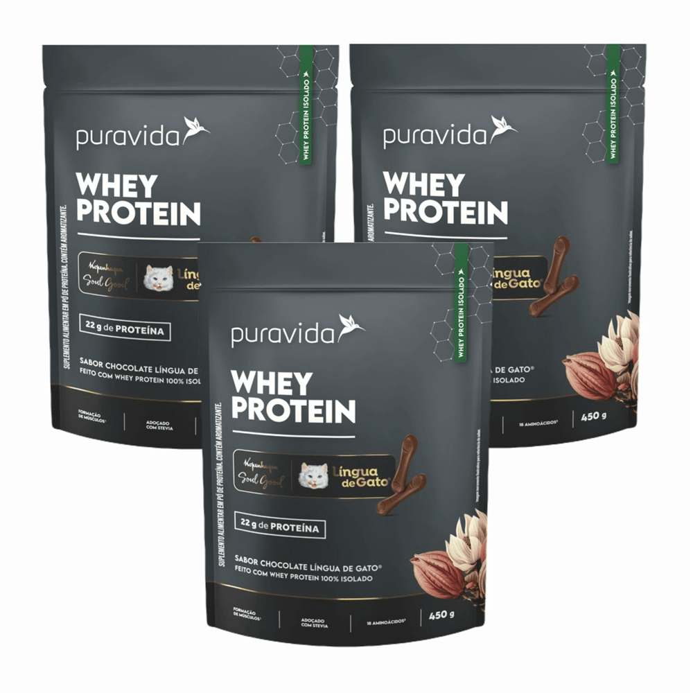 Kit 3 Whey Protein Isolado Língua De Gato Puravida 450g Chocolate