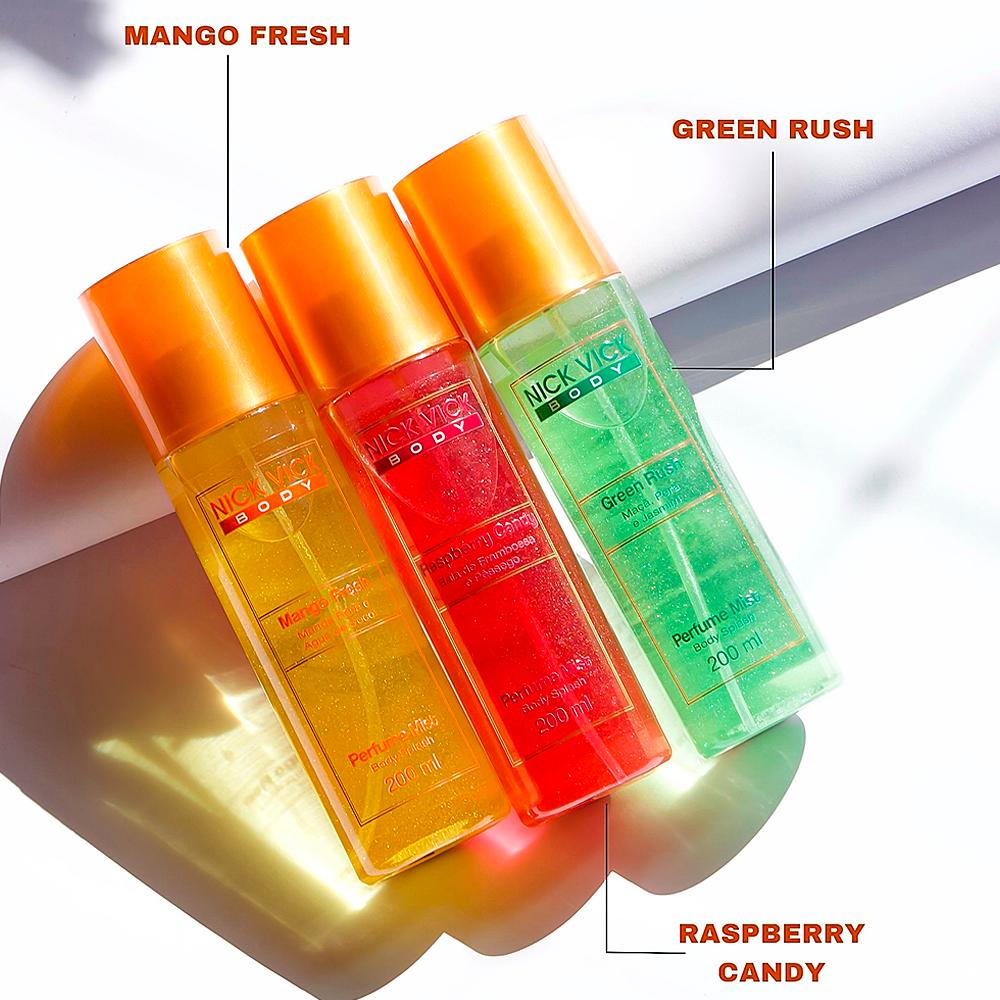 Kit Body Splash Raspberry 200ml + Candy Mango Fresh 200ml + Green Rush 200ml Nick Vick