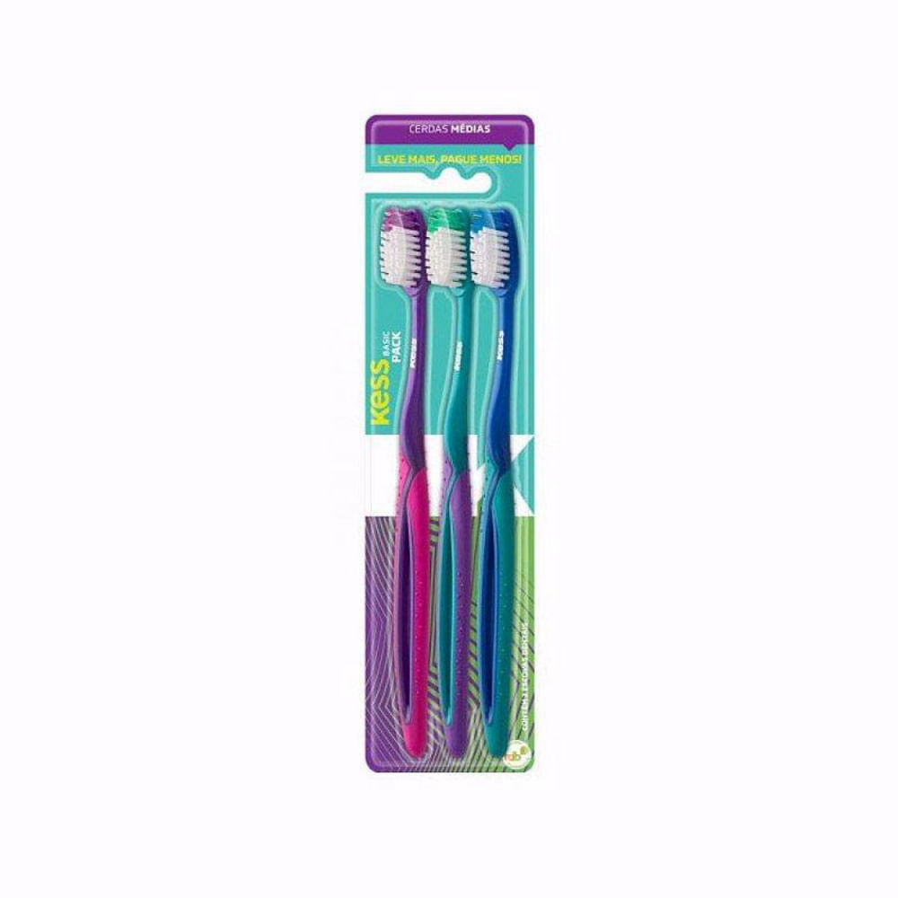Combo Escovas Dentais Basic Plus Kess 3 Unidades Cores Sortidas