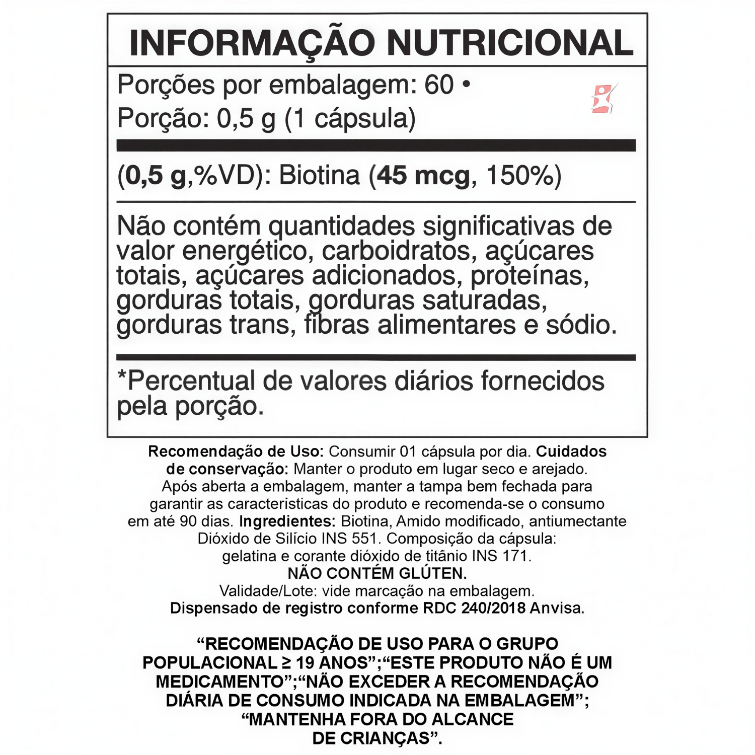 Biotina 45mcg Videira7 60 Cápsulas